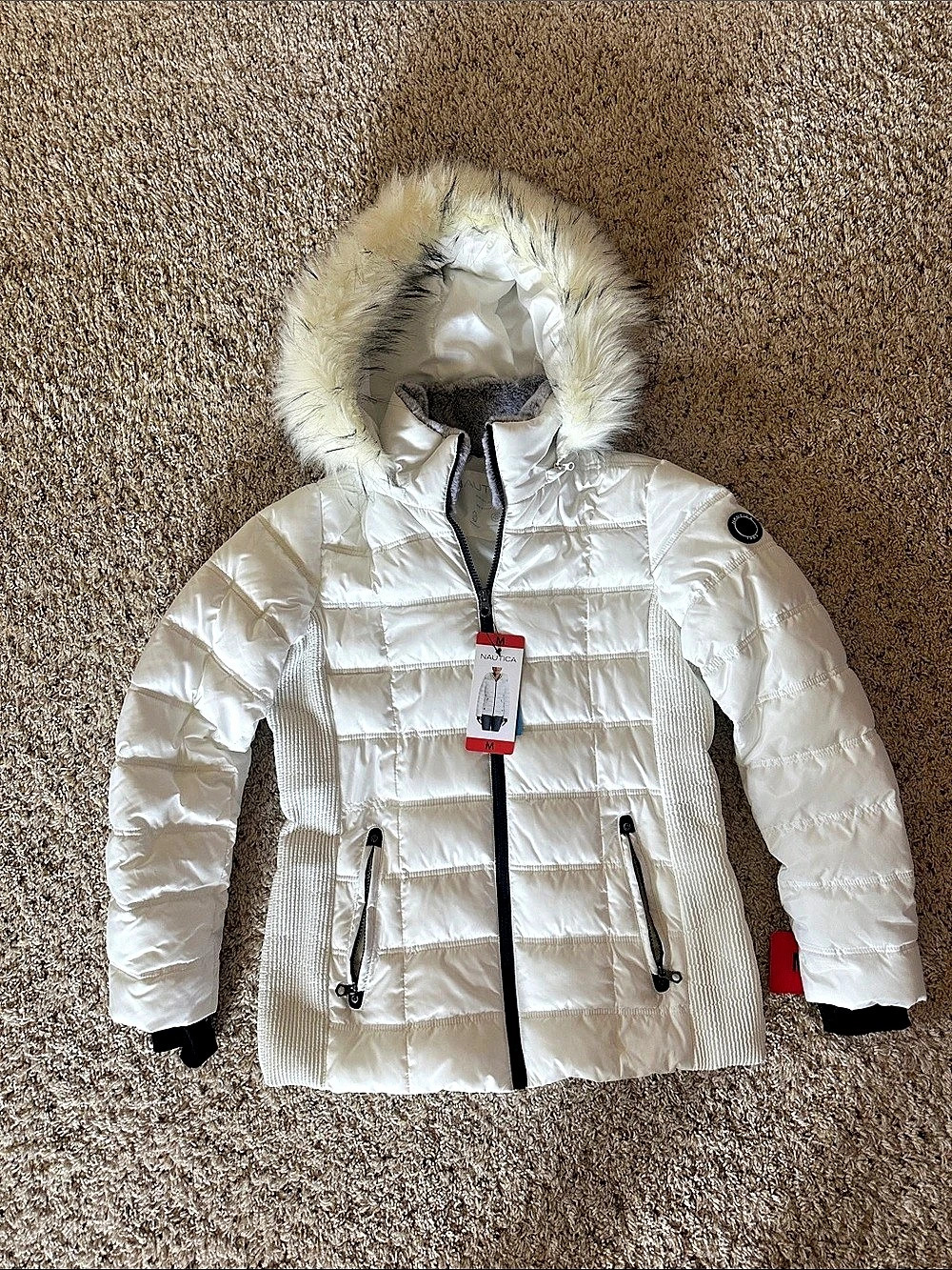 Nautica Women's Faux-Fur-Trim Hooded Puffer Jacket White Medium